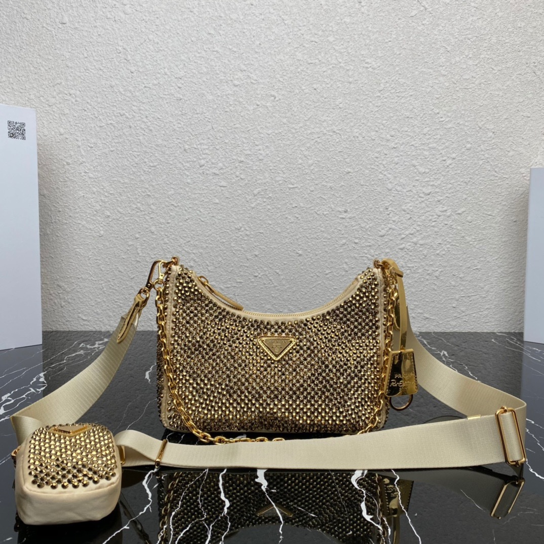 Prada Re Edition 2005 Duchess Synthetic Crystals Shoulder Bag Camel Beige 1BH204